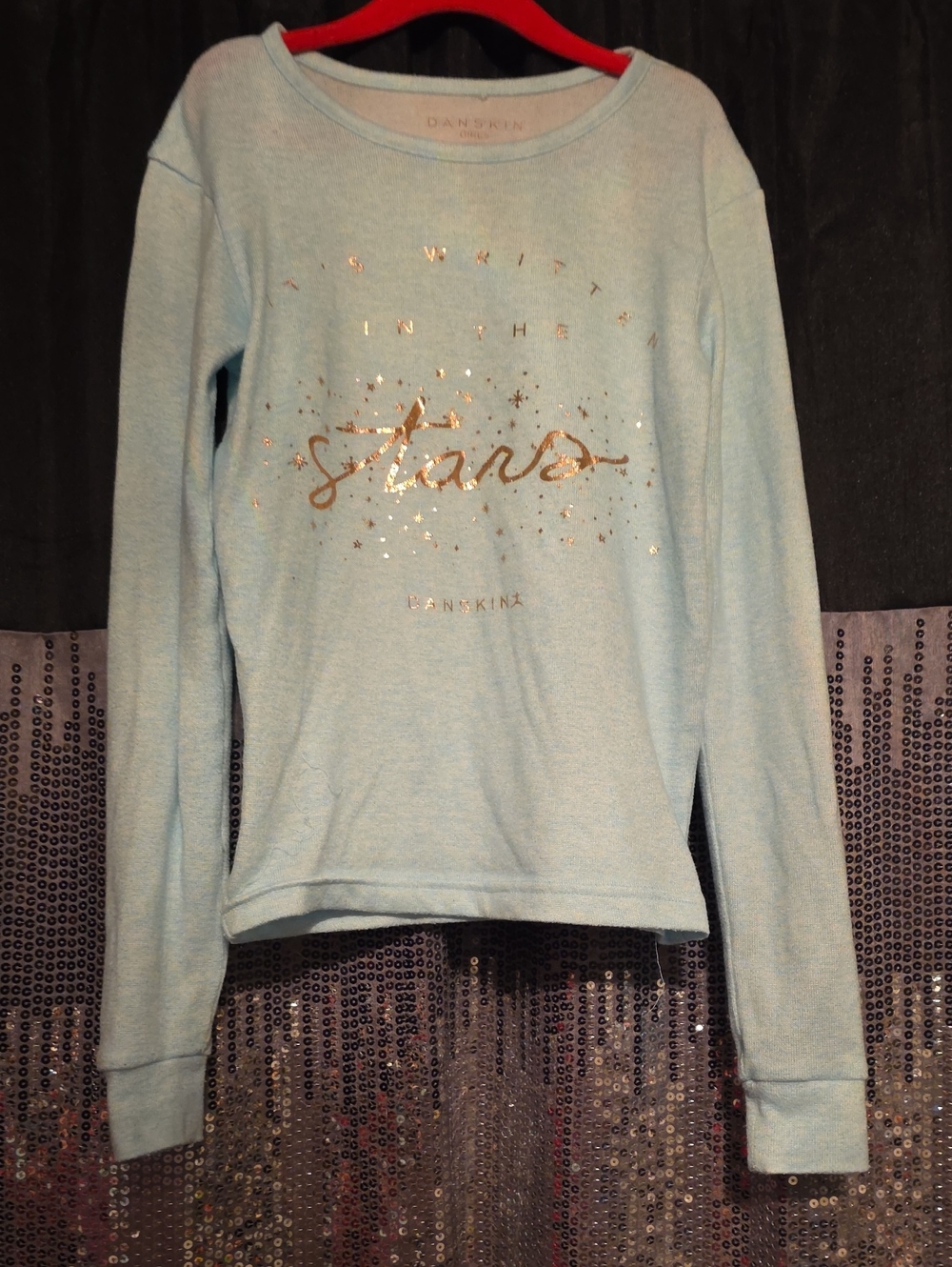 Danskin Light Blue Long Sleeve Top with Gold Foil Stars